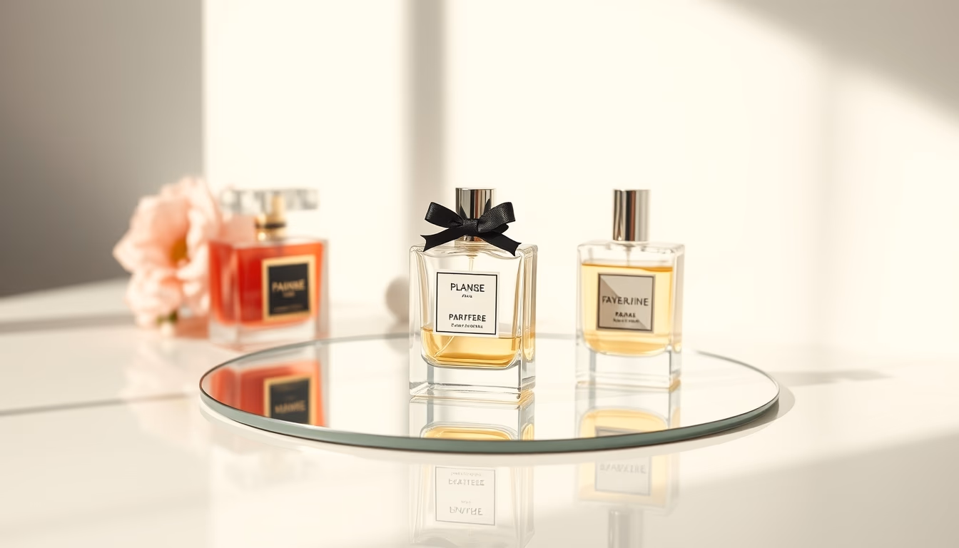 perfume bottles on mirror in editorial style