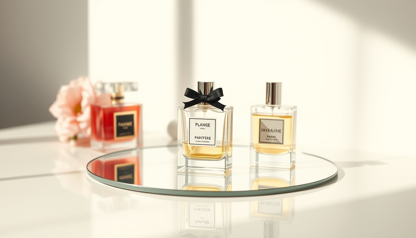 perfume bottles on mirror in editorial style
