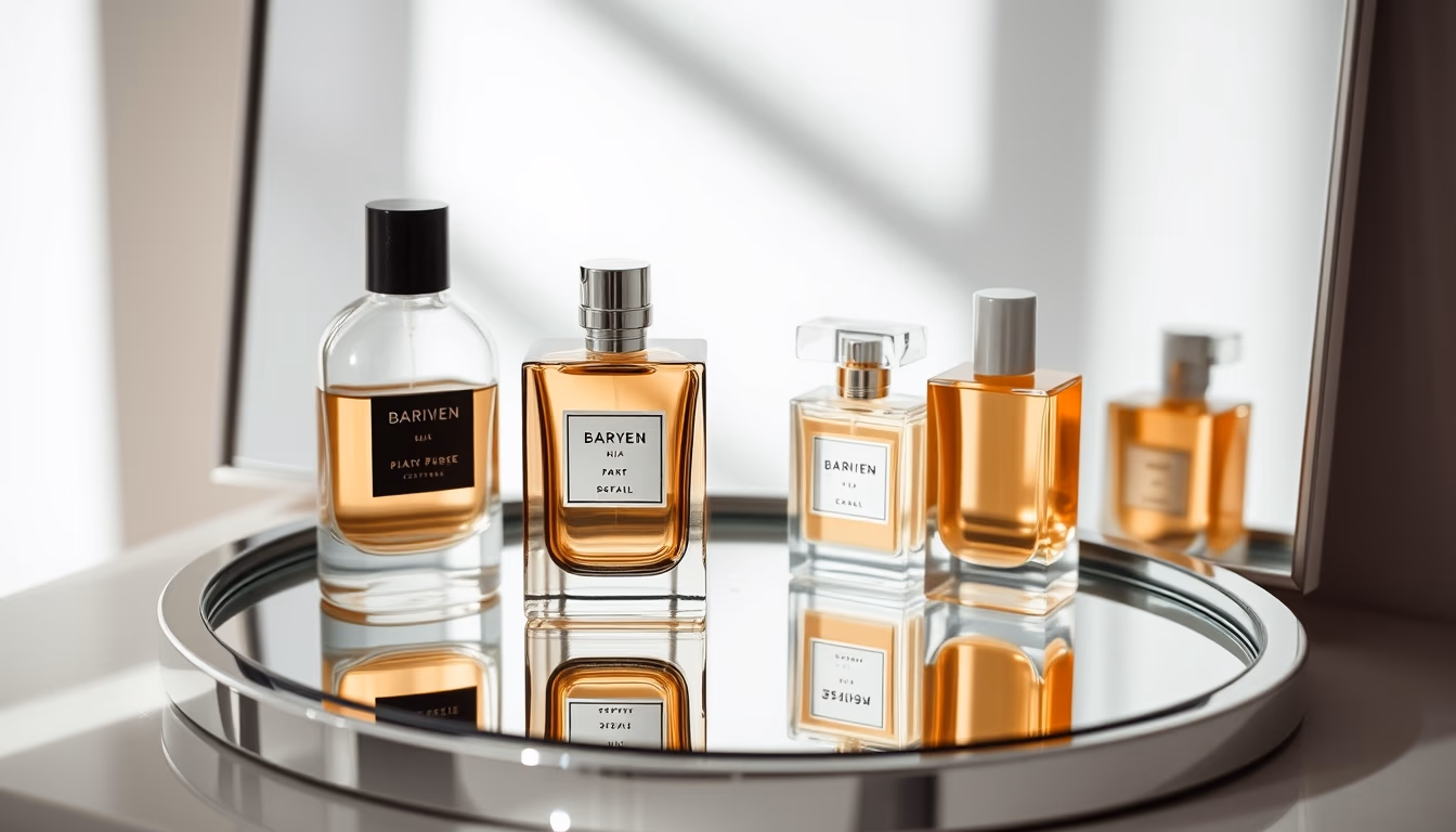 perfume bottles on mirror in editorial style