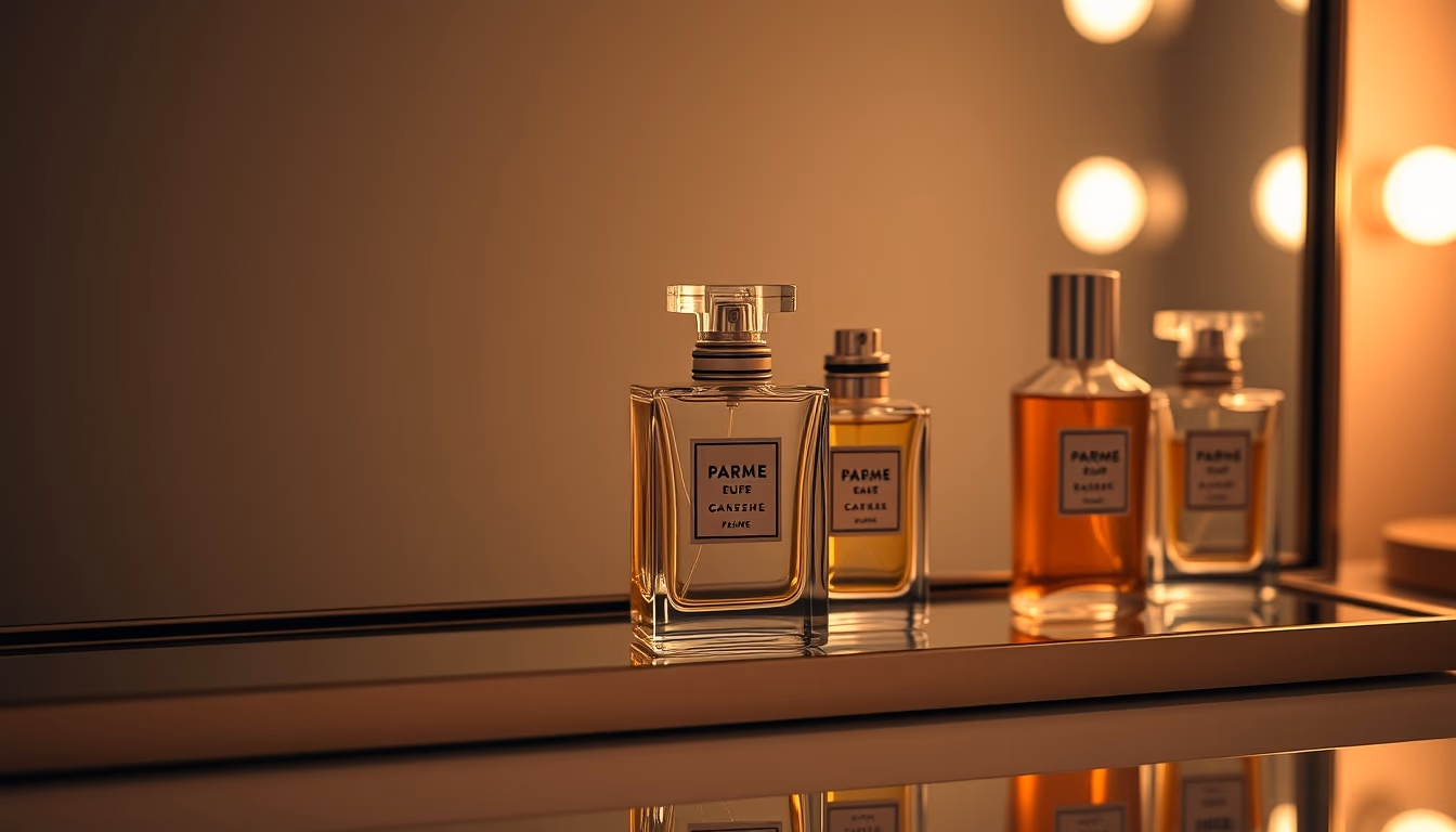 perfume bottles on mirror in editorial style