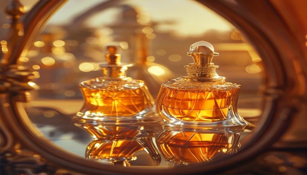 perfume bottles on mirror in editorial style
