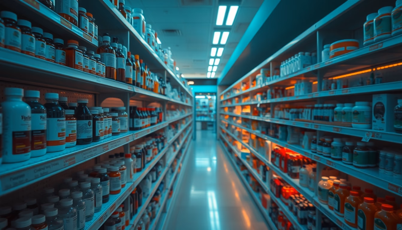 pharmacy shelves row of bottles in editorial style