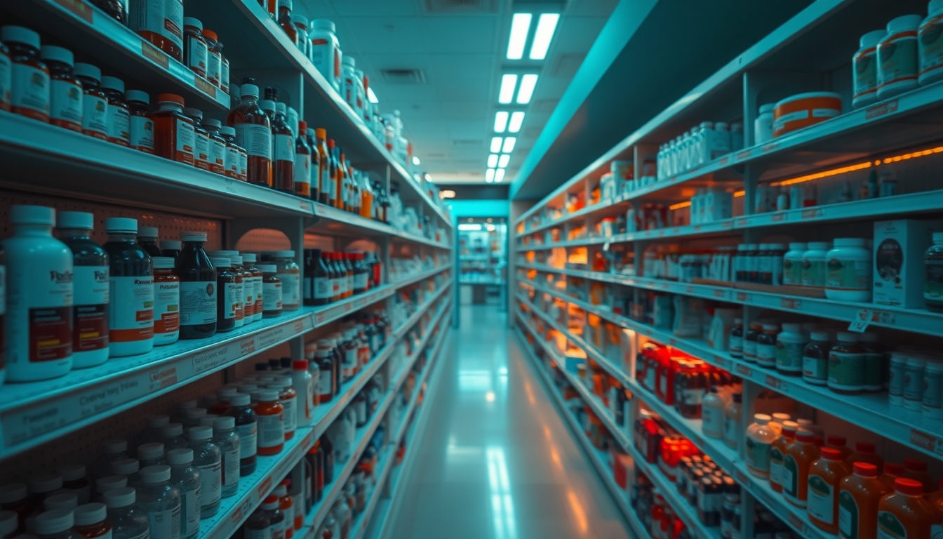 pharmacy shelves row of bottles in editorial style