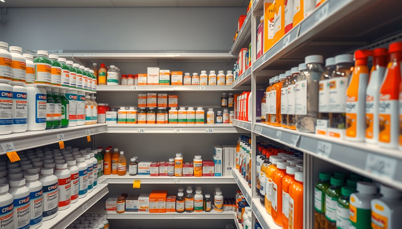 pharmacy shelves row of bottles in editorial style