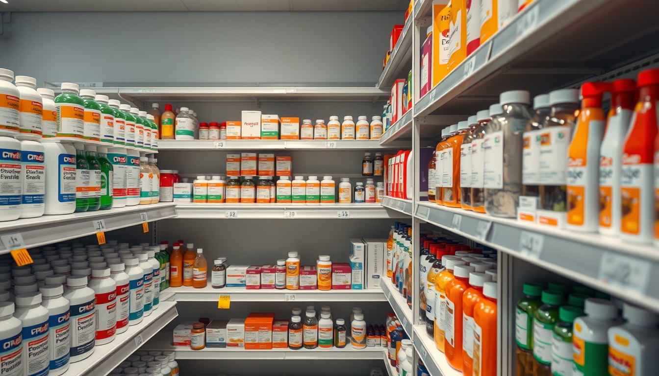pharmacy shelves row of bottles in editorial style