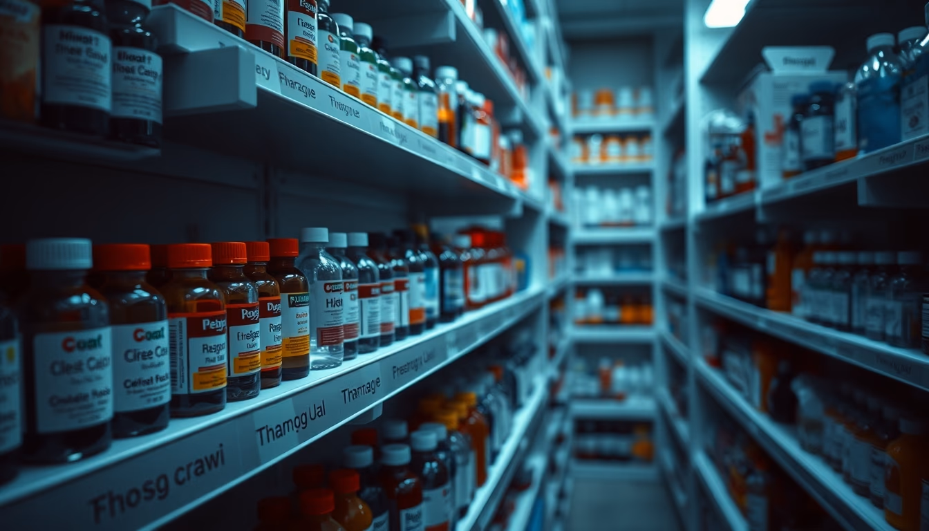 Pharmacy shelves row of bottles em estilo editorial