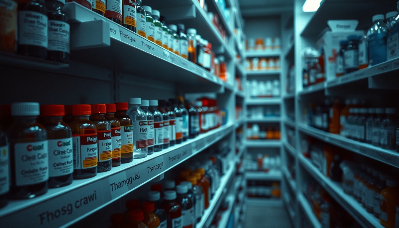 pharmacy shelves row of bottles in editorial style
