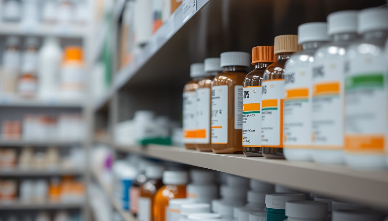 Pharmacy shelves row of bottles em estilo editorial