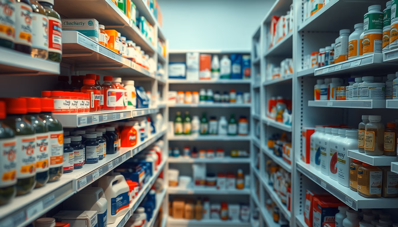 pharmacy shelves row of bottles in editorial style