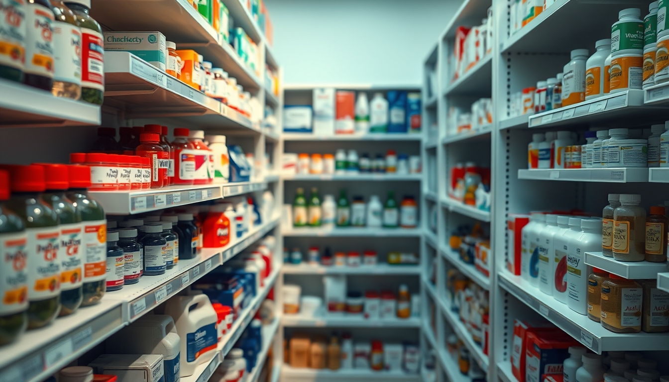 pharmacy shelves row of bottles in editorial style