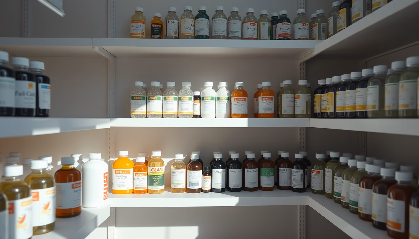 Pharmacy shelves row of bottles em estilo editorial