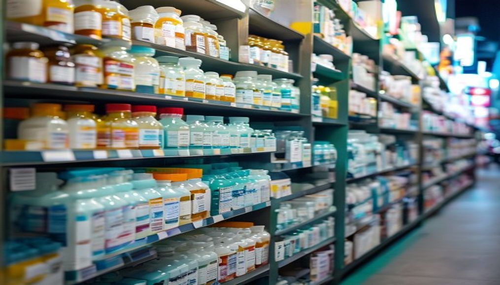 pharmacy shelves row of bottles in editorial style