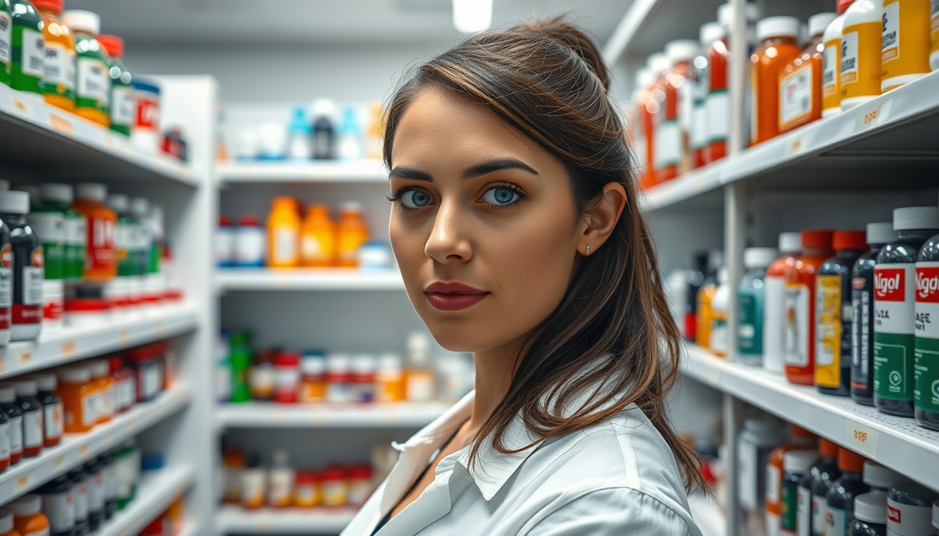 pharmacy shelves row of bottles in editorial style
