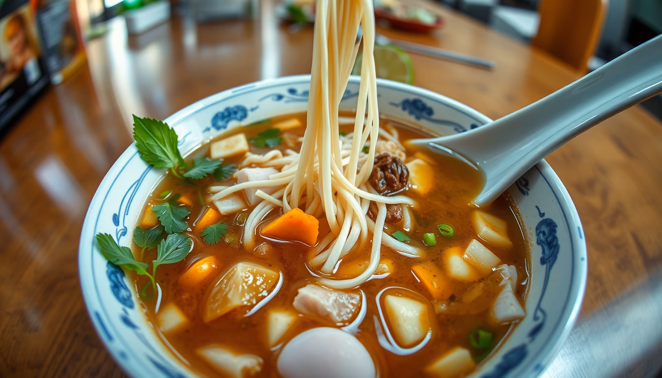 pho vietnamese broth in editorial style