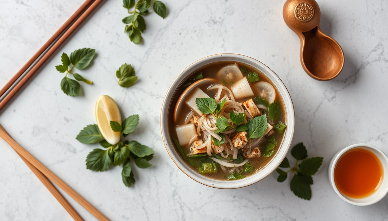 pho vietnamese broth in editorial style