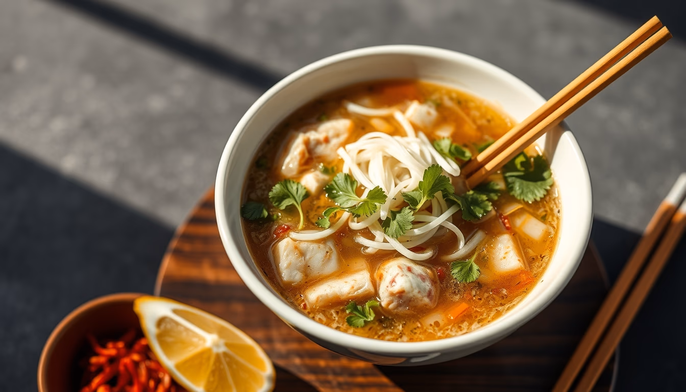 pho vietnamese broth in editorial style