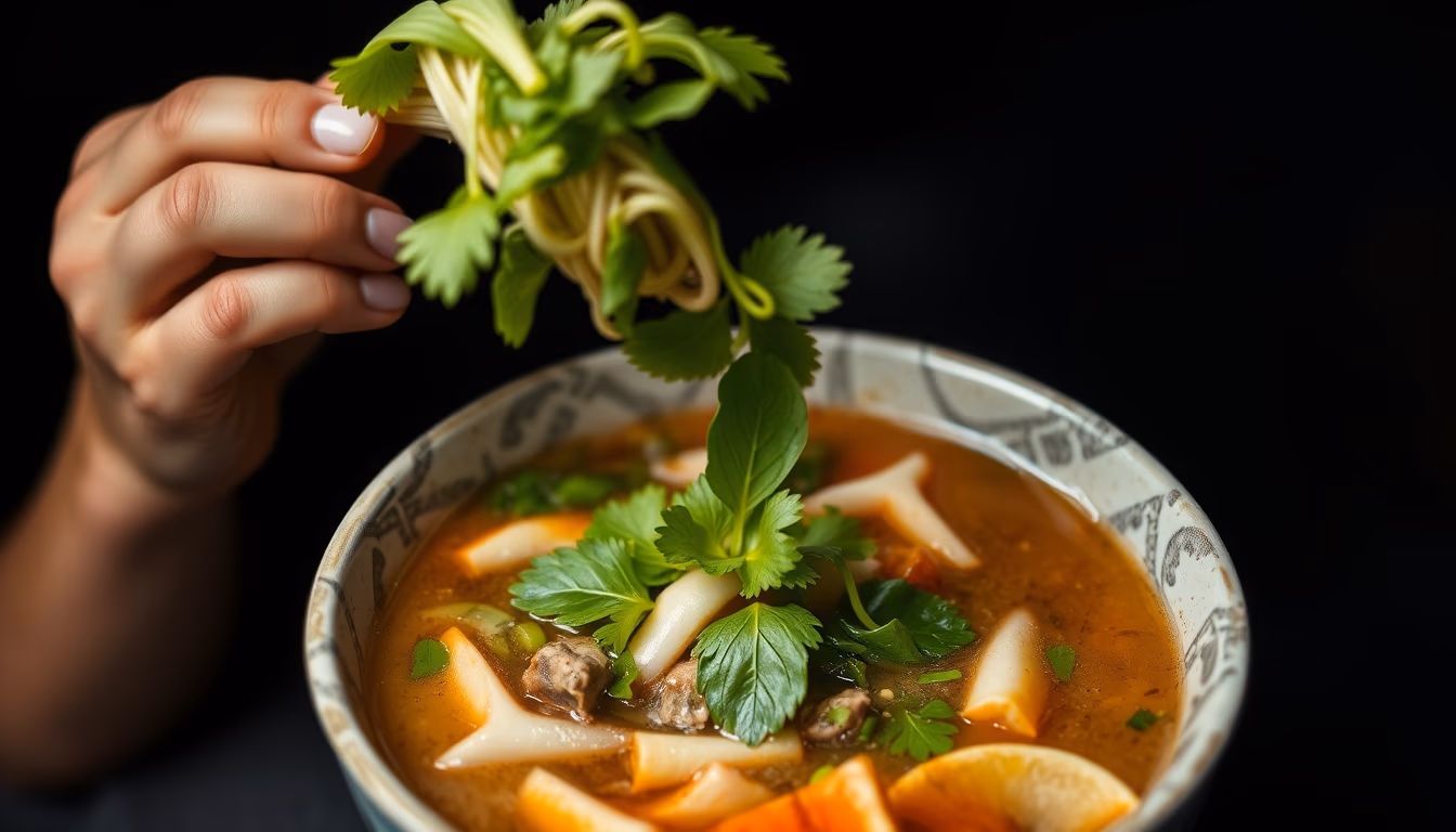 pho vietnamese broth in editorial style