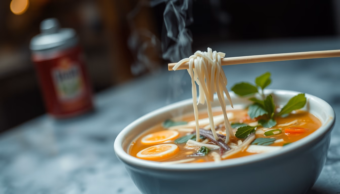 pho vietnamese broth in editorial style