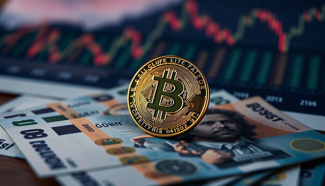 physical Bitcoin coin on Brazilian Real banknotes with chart in background in editorial style