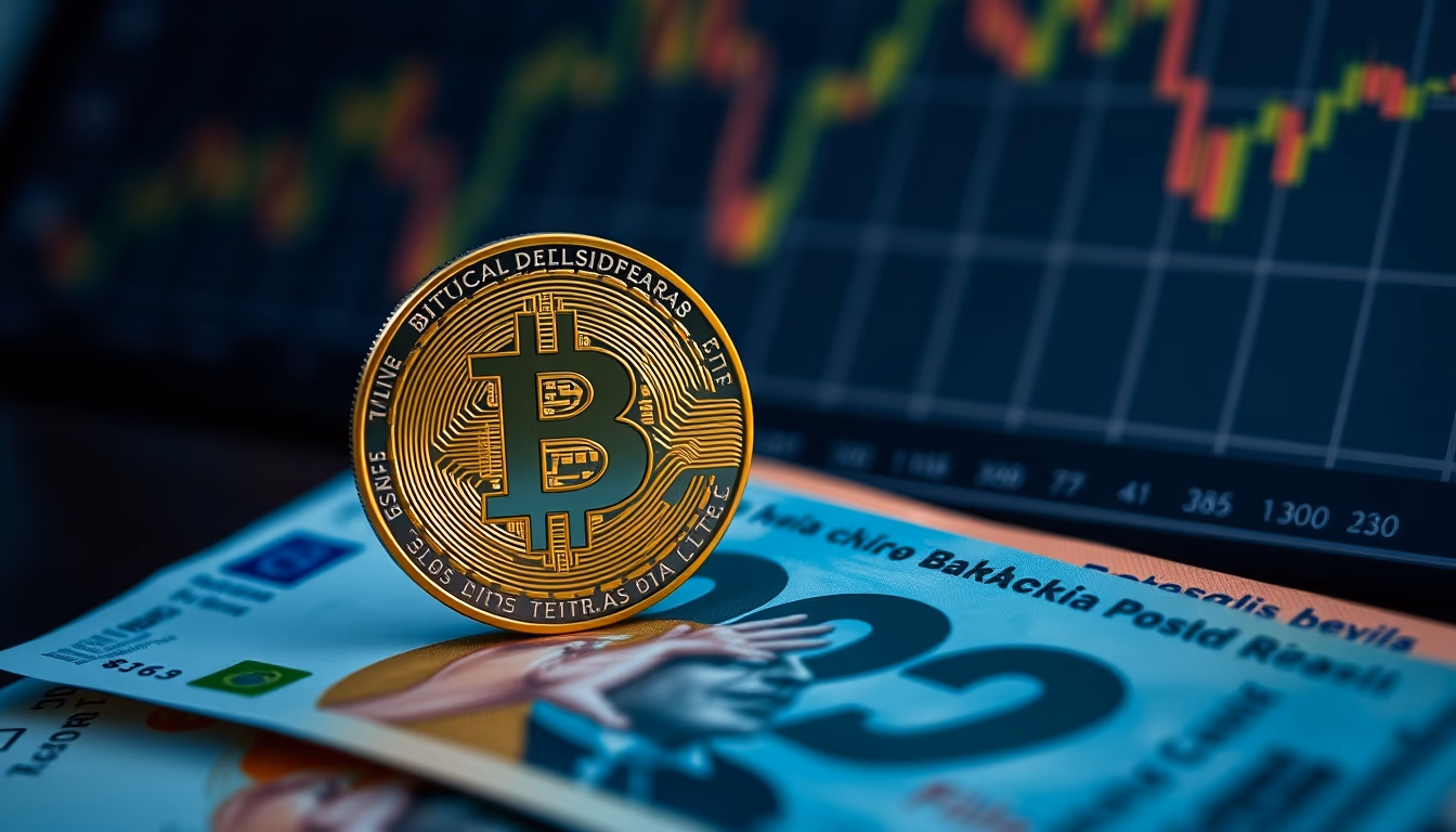 physical Bitcoin coin on Brazilian Real banknotes with chart in background in editorial style
