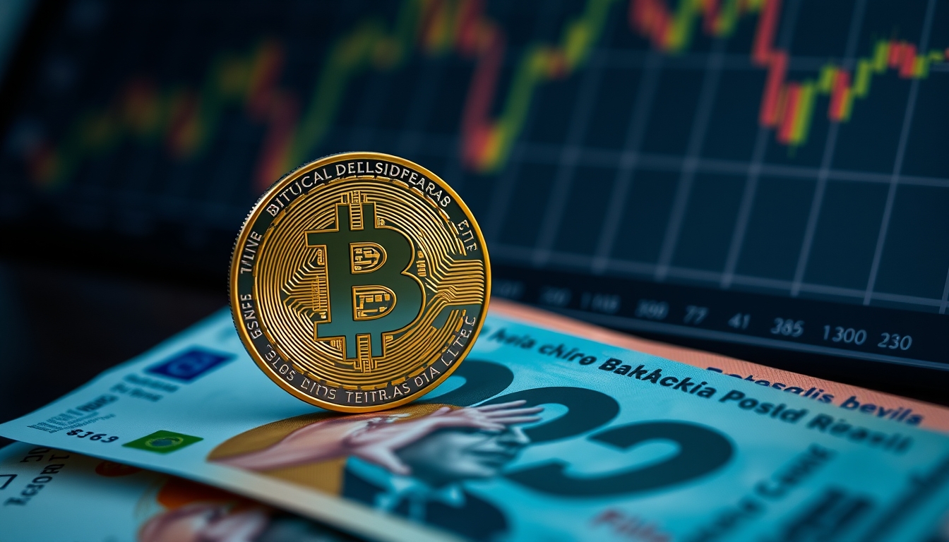 Moeda física de Bitcoin sobre cédulas de real com gráfico em estilo editorial