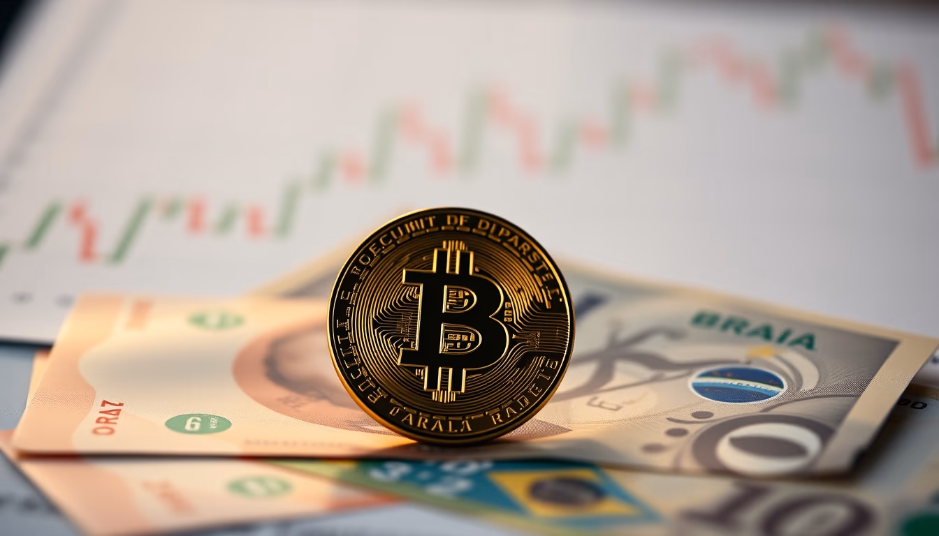 Moeda física de Bitcoin sobre cédulas de real com gráfico em estilo editorial