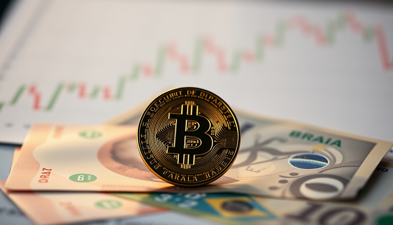 Moeda física de Bitcoin sobre cédulas de real com gráfico em estilo editorial