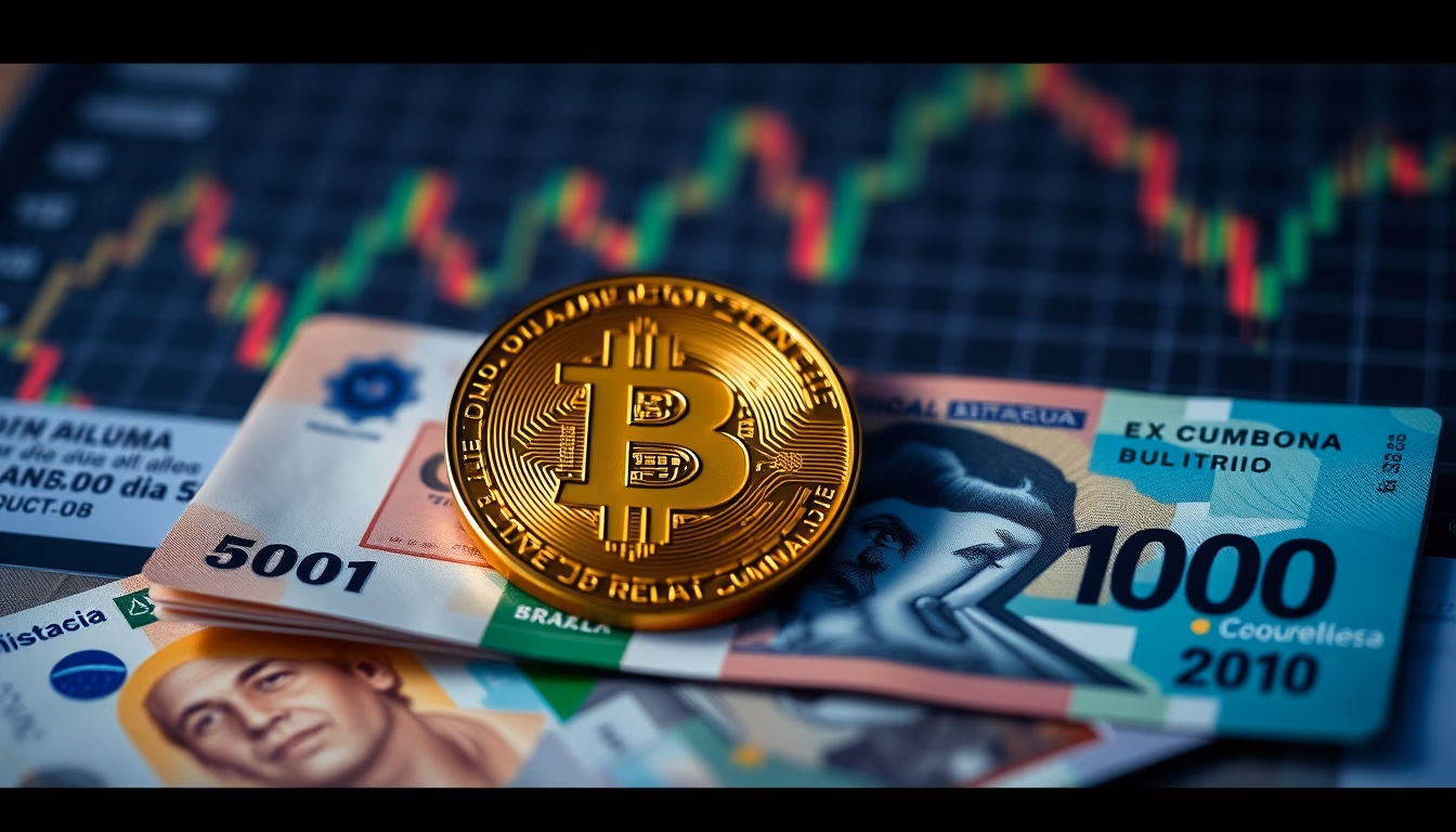 Moeda física de Bitcoin sobre cédulas de real com gráfico em estilo editorial