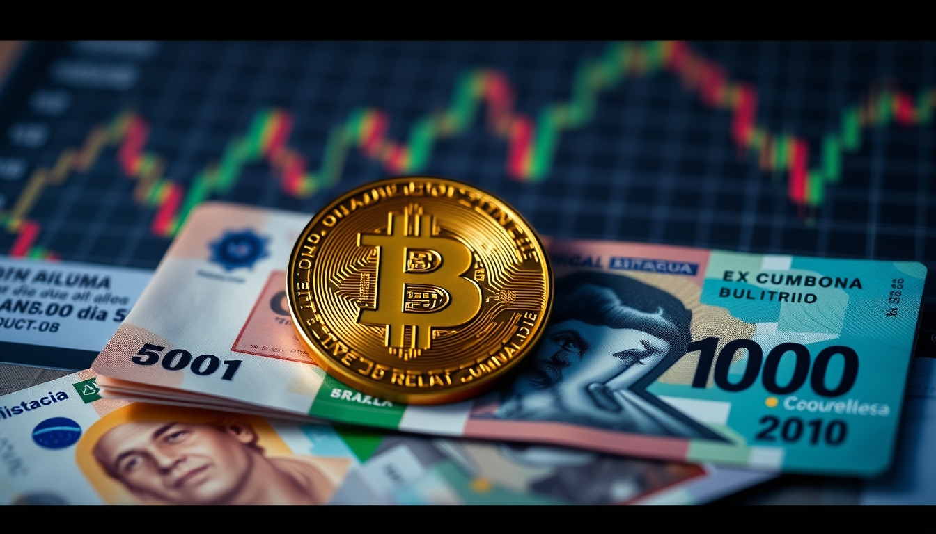 Moeda física de Bitcoin sobre cédulas de real com gráfico em estilo editorial