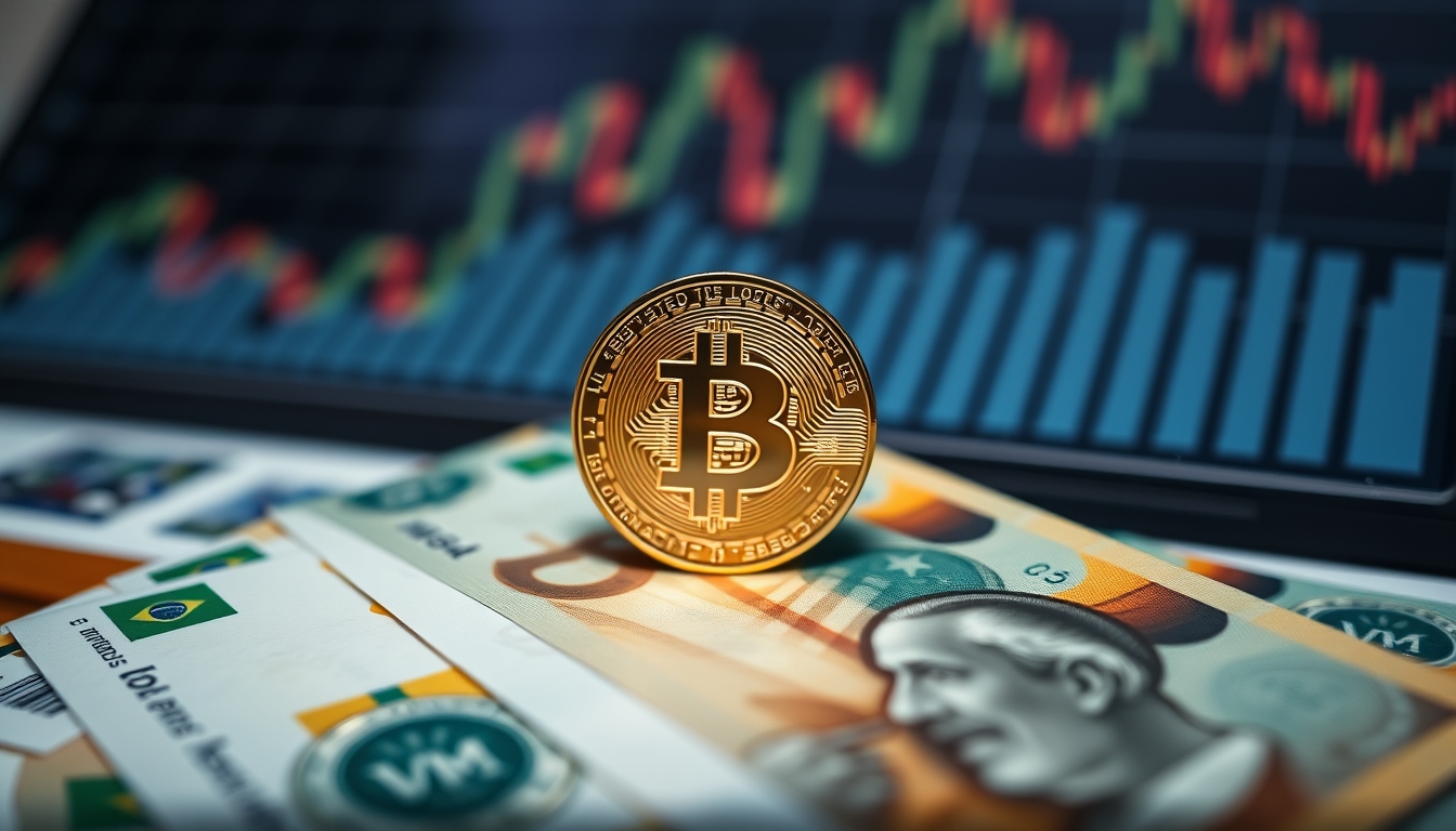 Moeda física de Bitcoin sobre cédulas de real com gráfico em estilo editorial