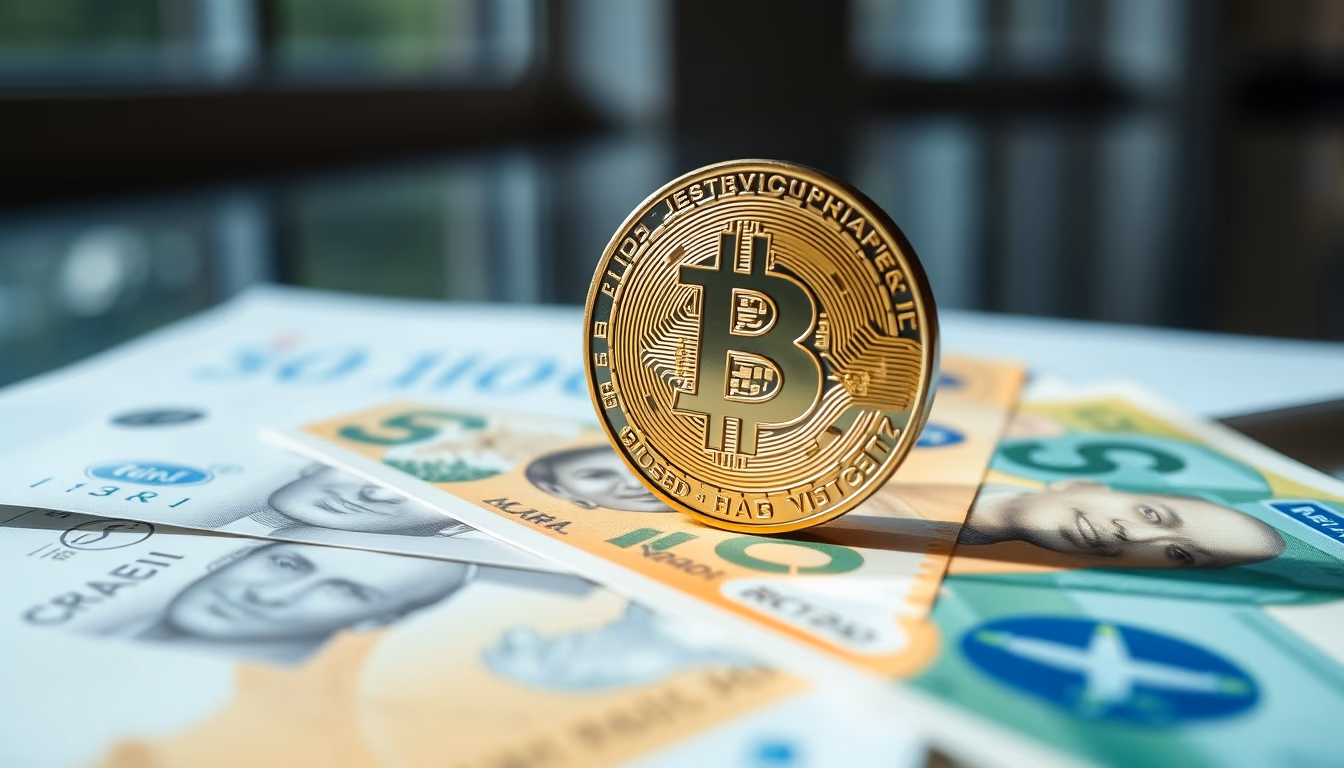 physical Bitcoin coin on Brazilian Real banknotes with chart in background in editorial style