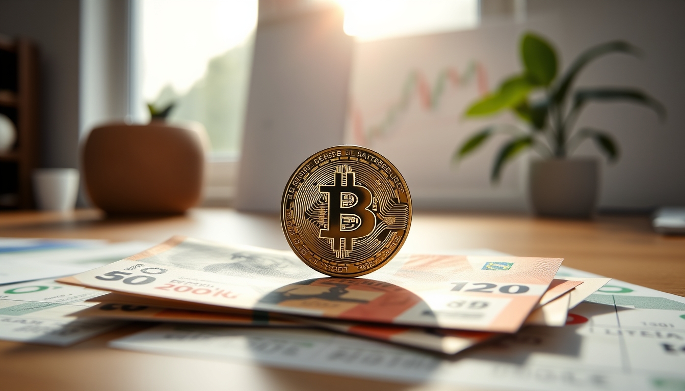 Moeda física de Bitcoin sobre cédulas de real com gráfico em estilo editorial