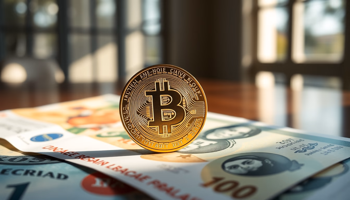 Moeda física de Bitcoin sobre cédulas de real com gráfico em estilo editorial