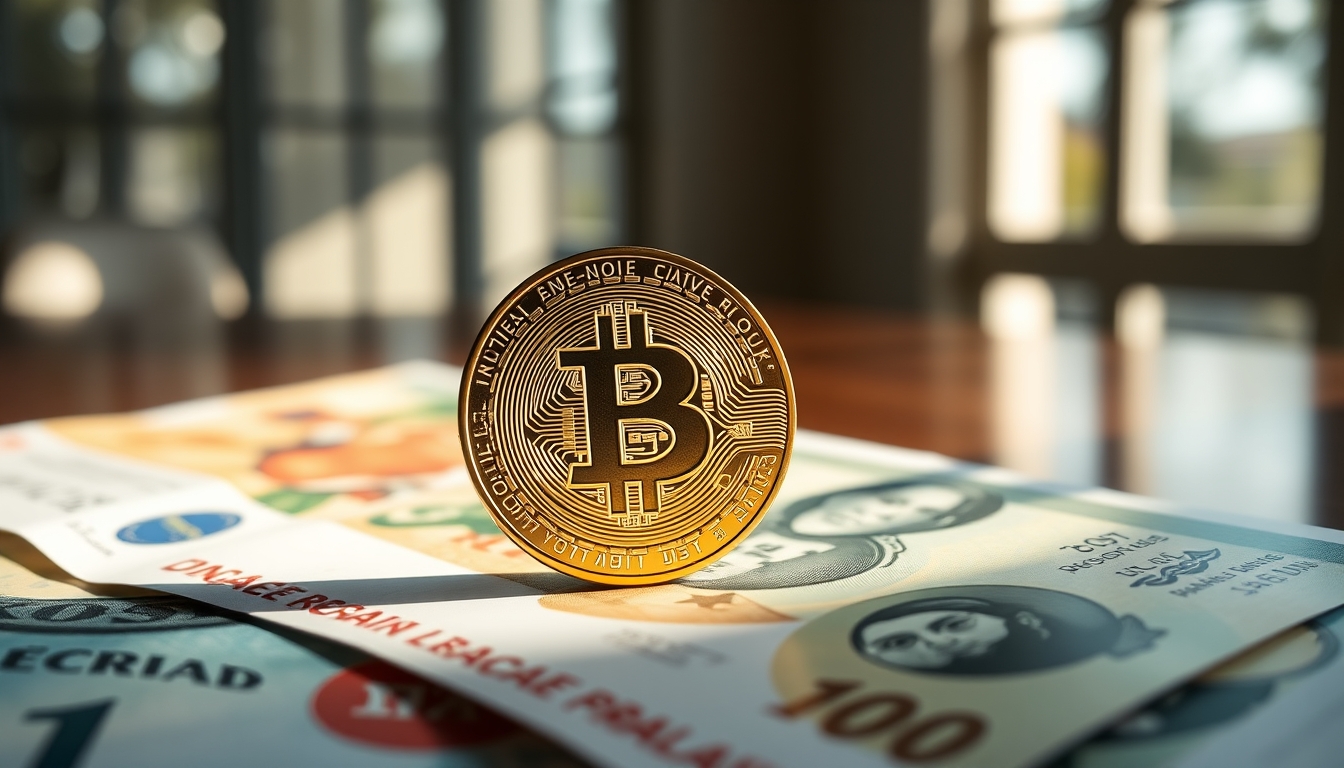 Moeda física de Bitcoin sobre cédulas de real com gráfico em estilo editorial