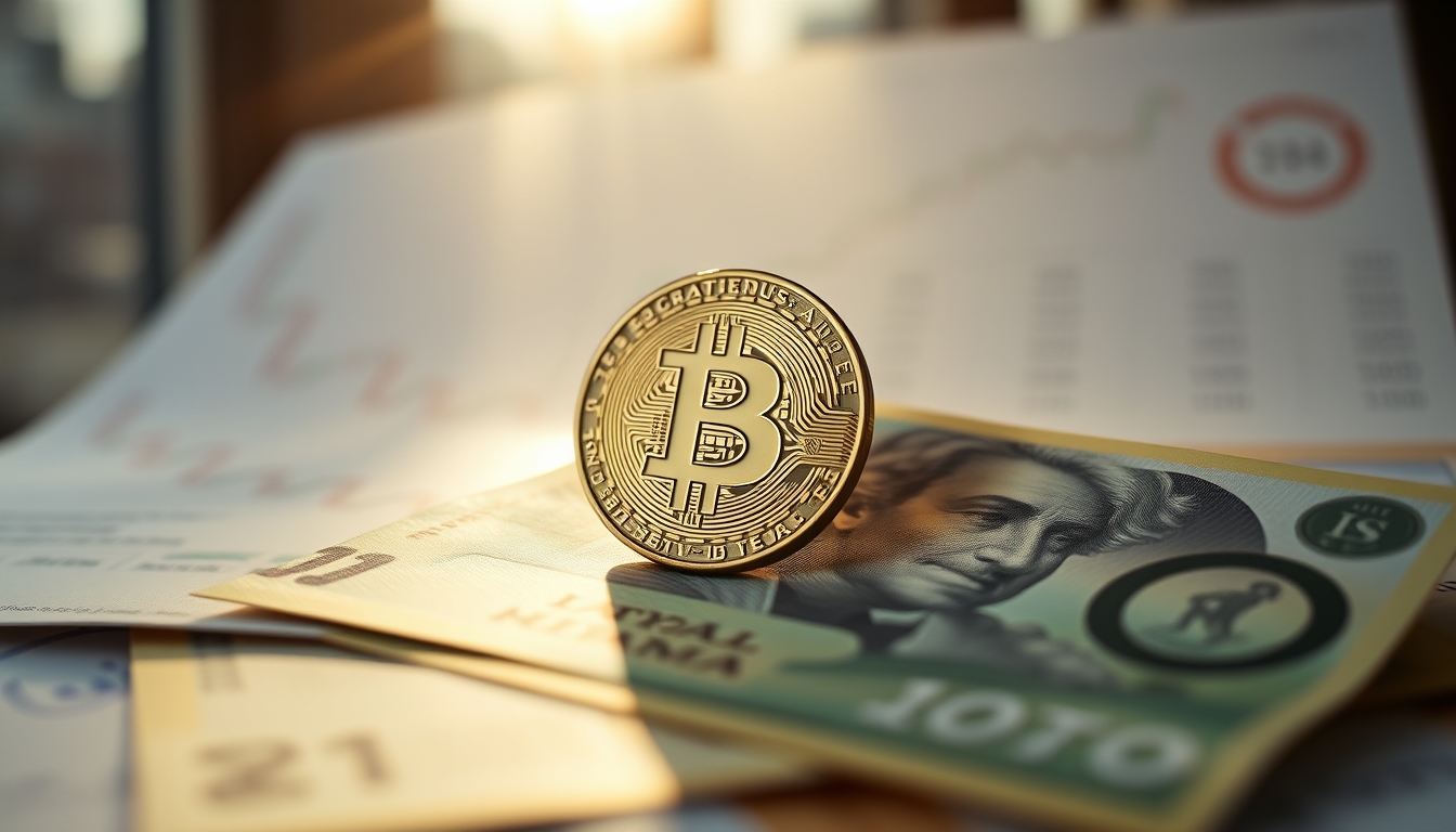 Moeda física de Bitcoin sobre cédulas de real com gráfico em estilo editorial