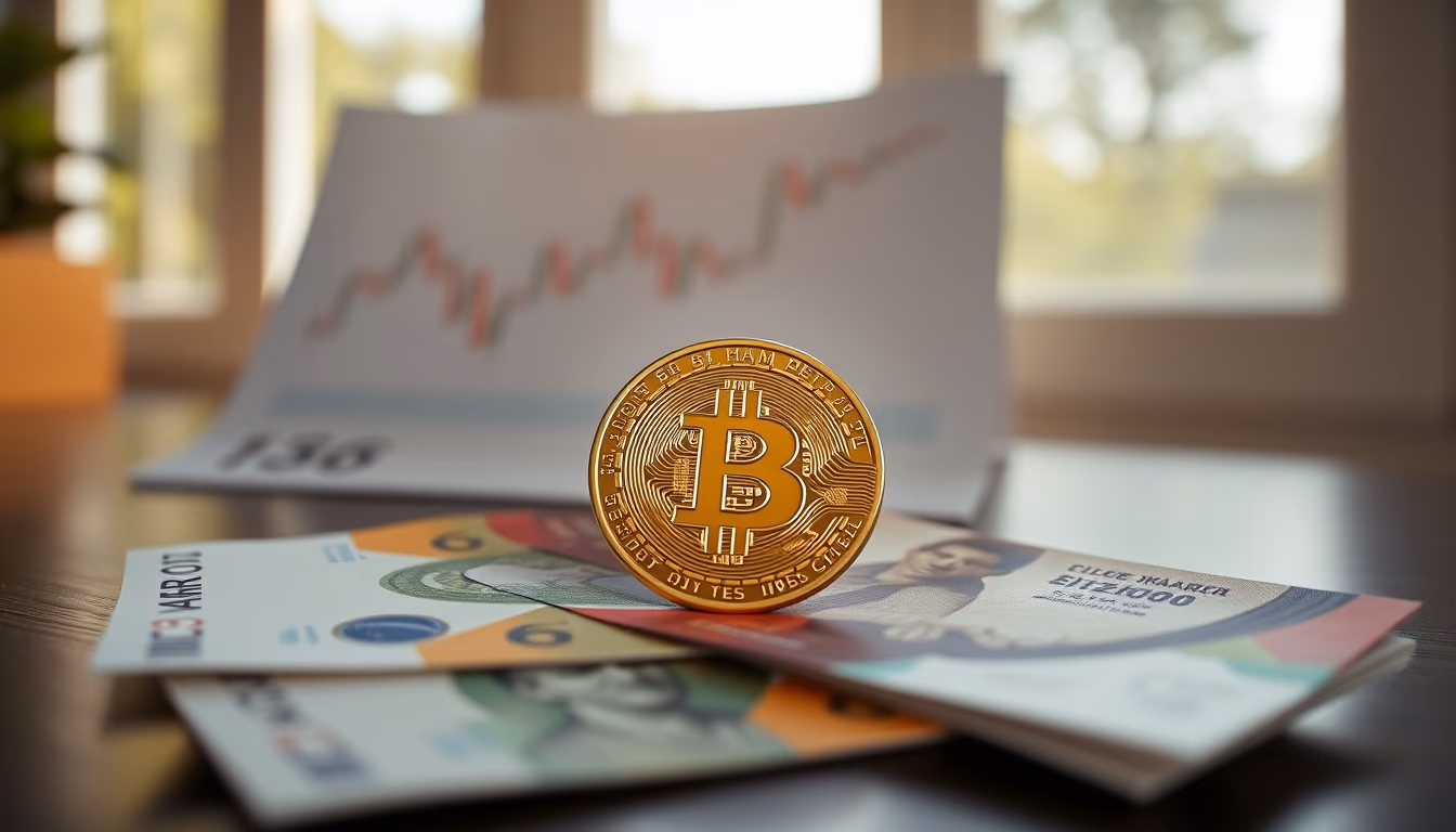 Moeda física de Bitcoin sobre cédulas de real com gráfico em estilo editorial