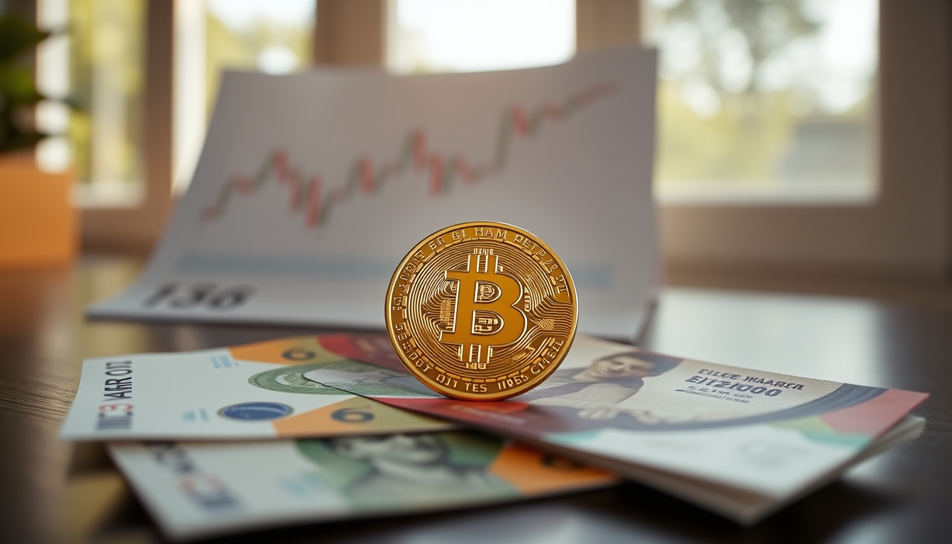 Moeda física de Bitcoin sobre cédulas de real com gráfico em estilo editorial