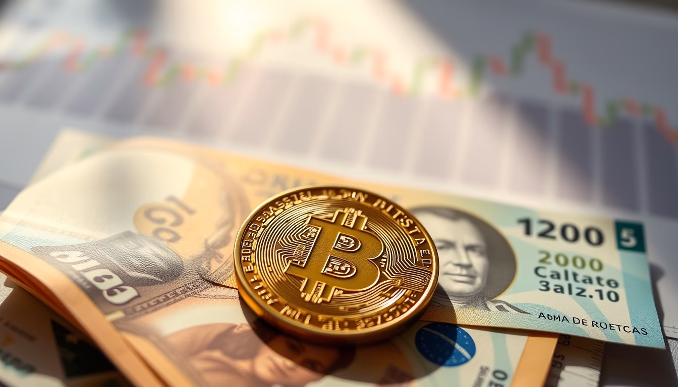 physical Bitcoin coin on Brazilian Real banknotes with chart in background in editorial style