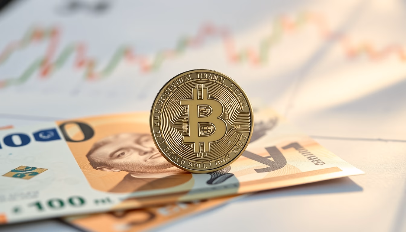 physical Bitcoin coin on Brazilian Real banknotes with chart in background in editorial style