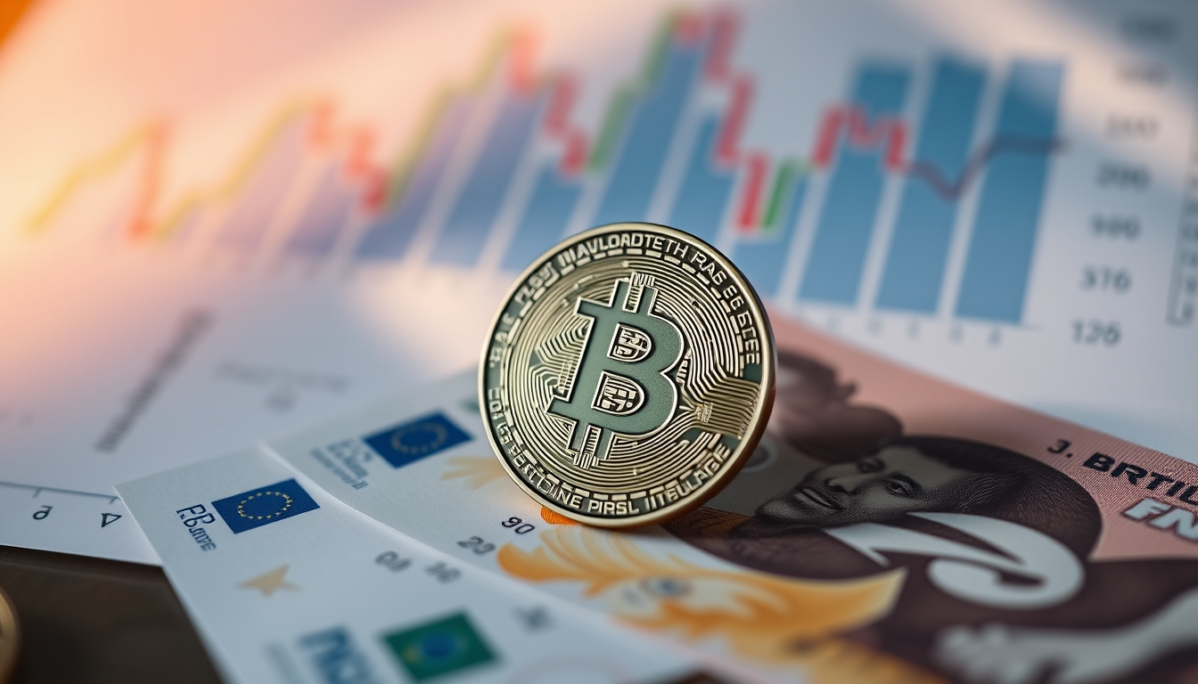 Moeda física de Bitcoin sobre cédulas de real com gráfico em estilo editorial