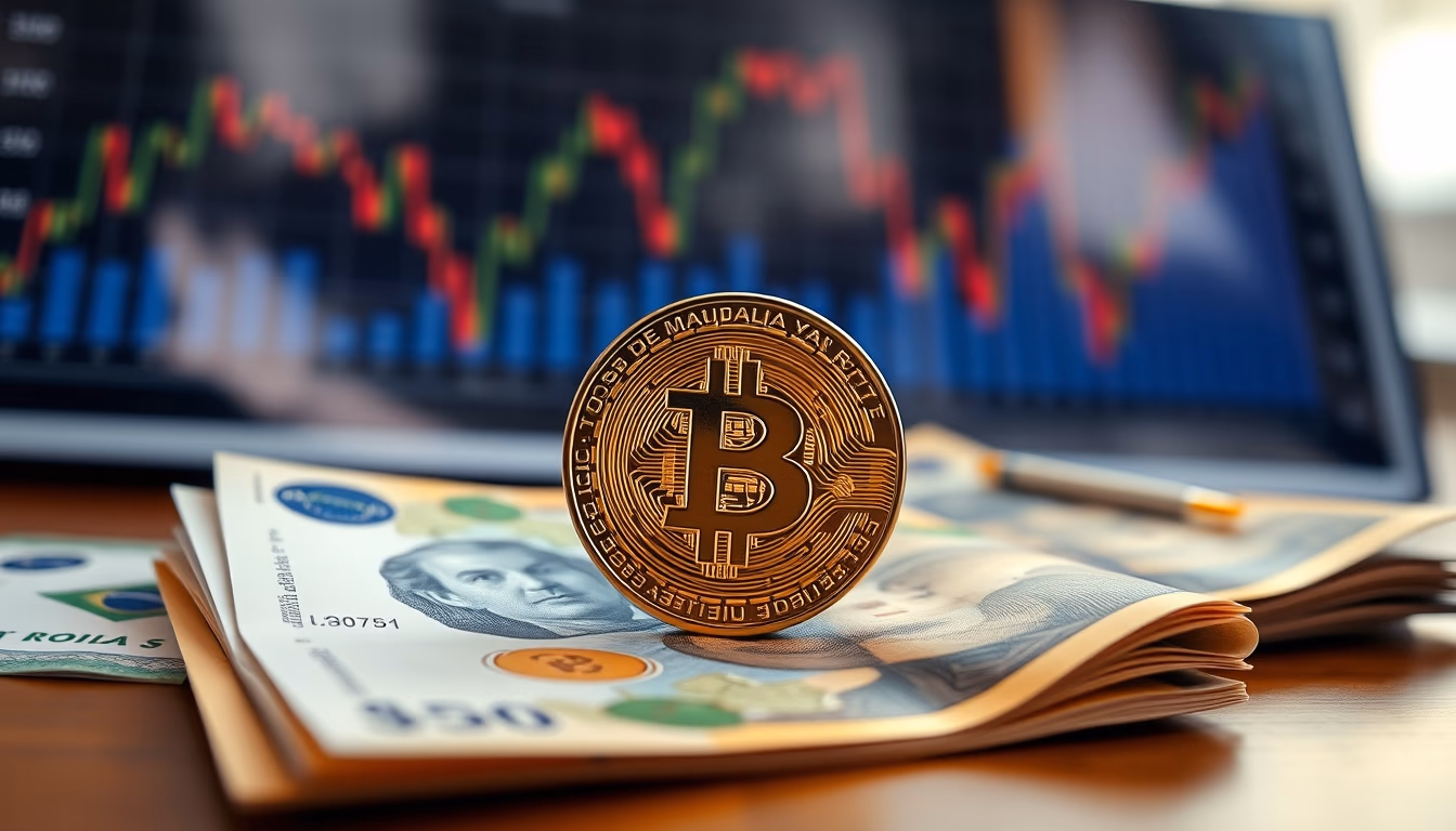 physical Bitcoin coin on Brazilian Real banknotes with chart in background in editorial style