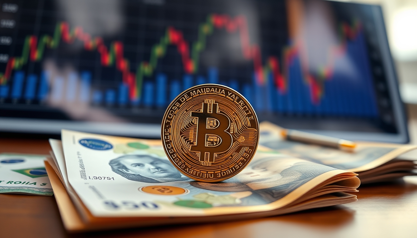 Moeda física de Bitcoin sobre cédulas de real com gráfico em estilo editorial