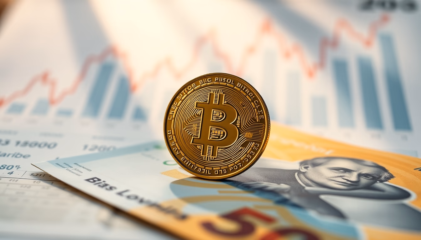 Moeda física de Bitcoin sobre cédulas de real com gráfico em estilo editorial