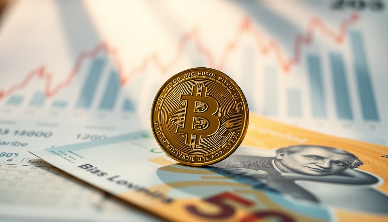 Moeda física de Bitcoin sobre cédulas de real com gráfico em estilo editorial