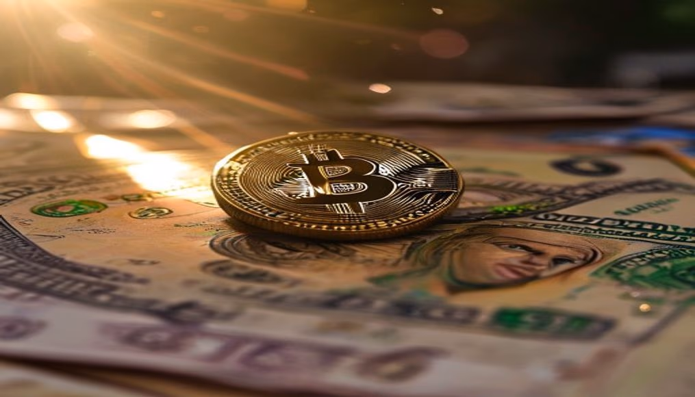 Moeda física de Bitcoin sobre cédulas de real com gráfico em estilo editorial