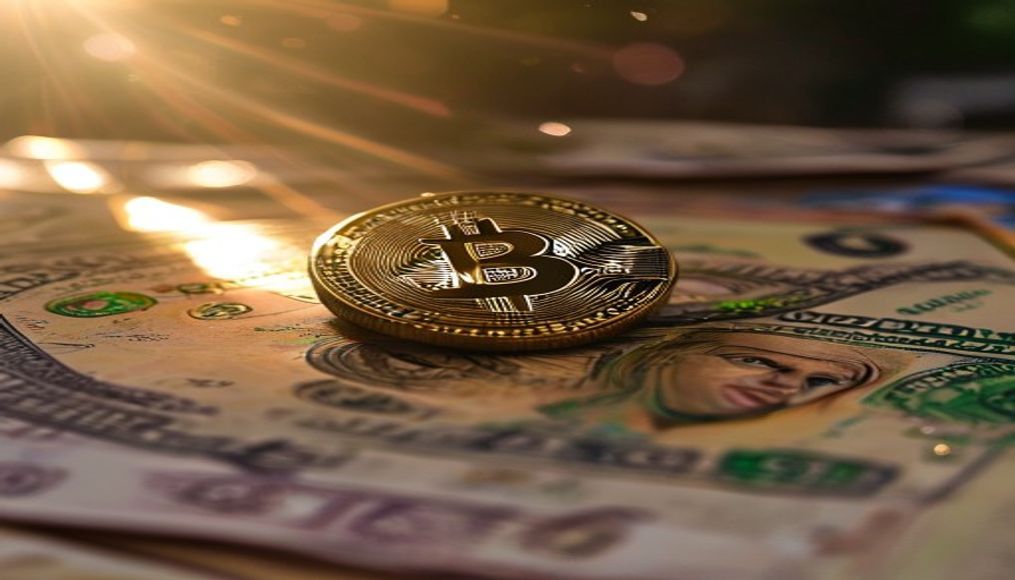 Moeda física de Bitcoin sobre cédulas de real com gráfico em estilo editorial