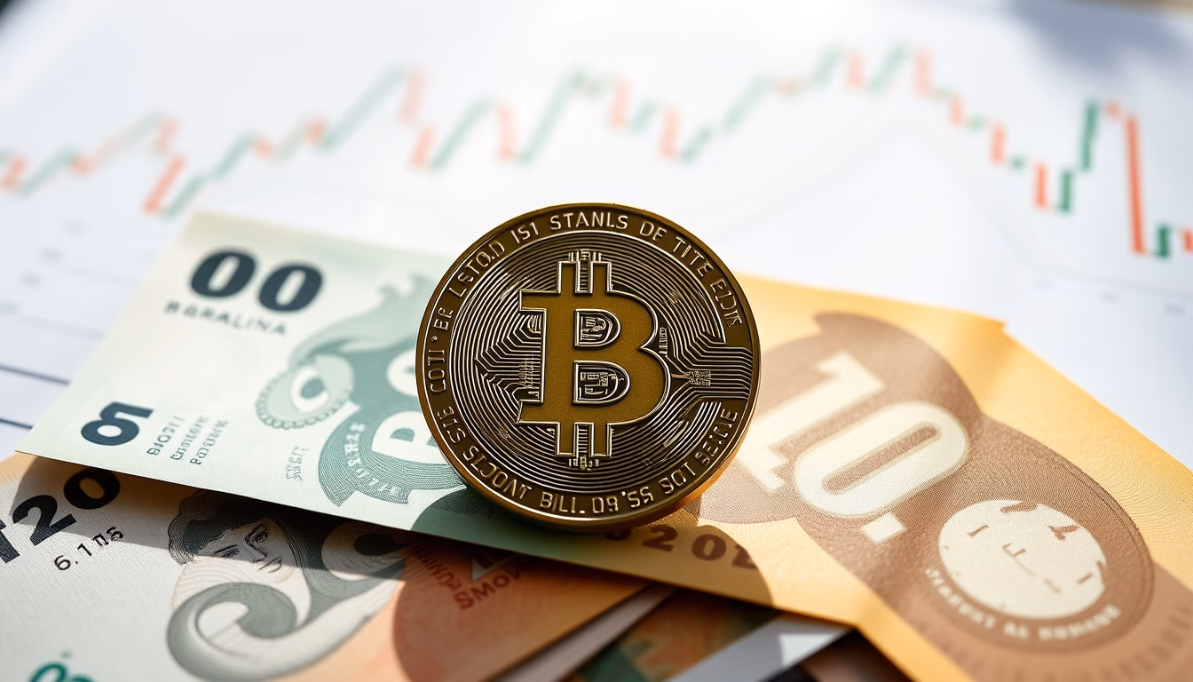 physical Bitcoin coin on Brazilian Real banknotes with chart in background in editorial style