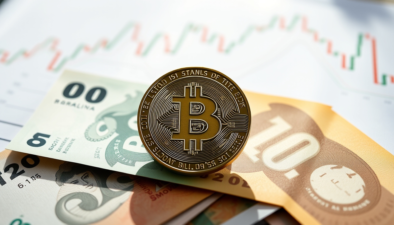 Moeda física de Bitcoin sobre cédulas de real com gráfico em estilo editorial