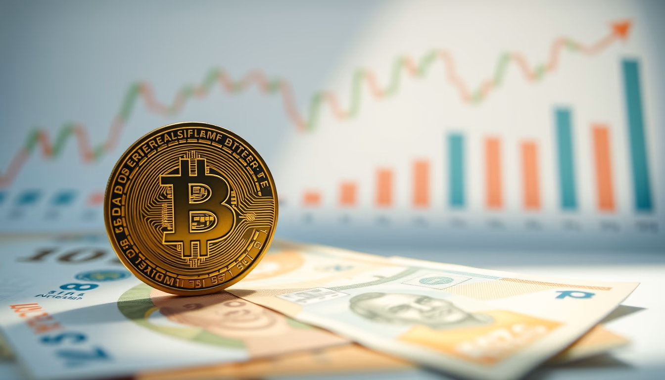 physical Bitcoin coin on Brazilian Real banknotes with chart in background in editorial style