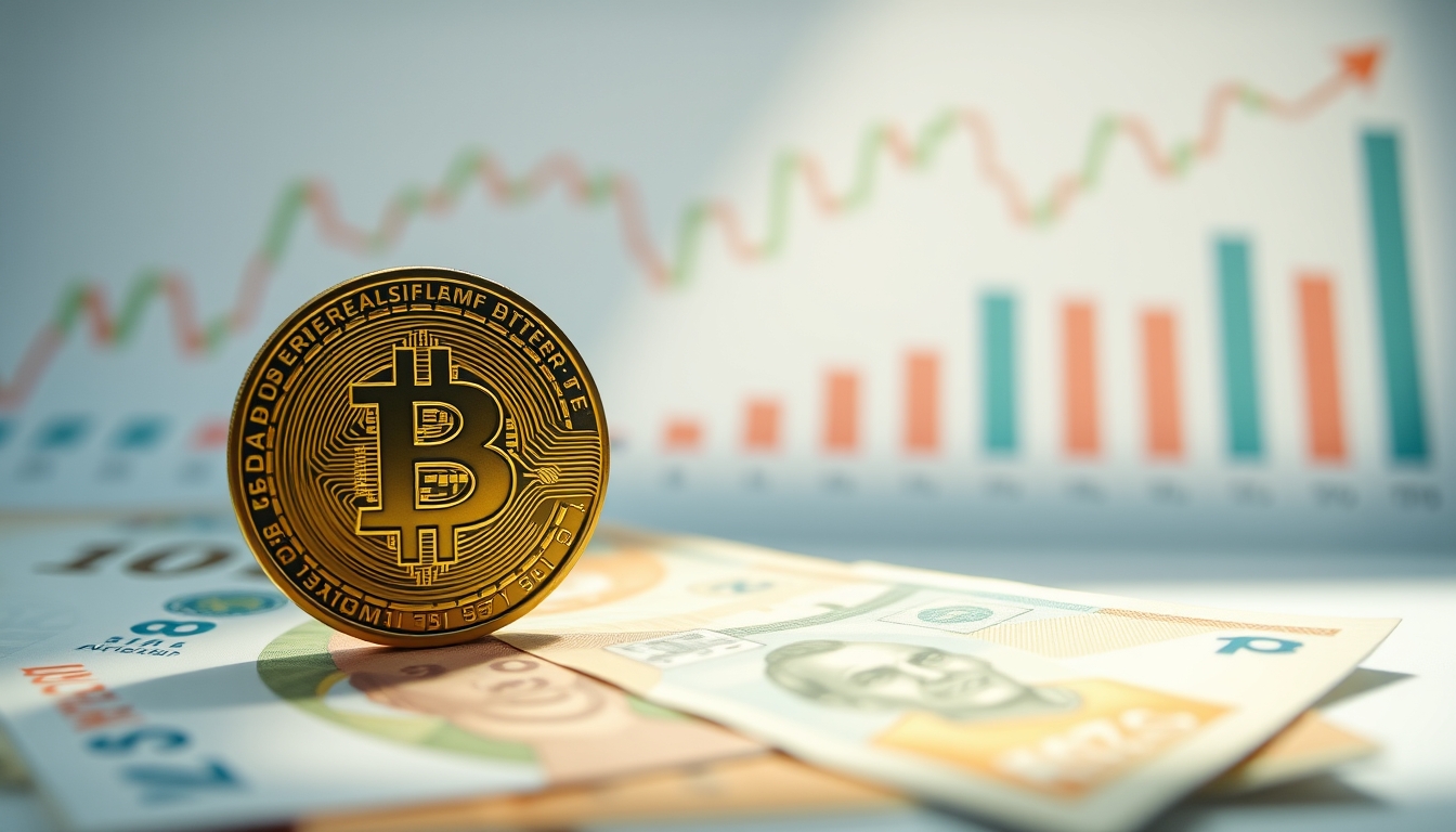 Moeda física de Bitcoin sobre cédulas de real com gráfico em estilo editorial